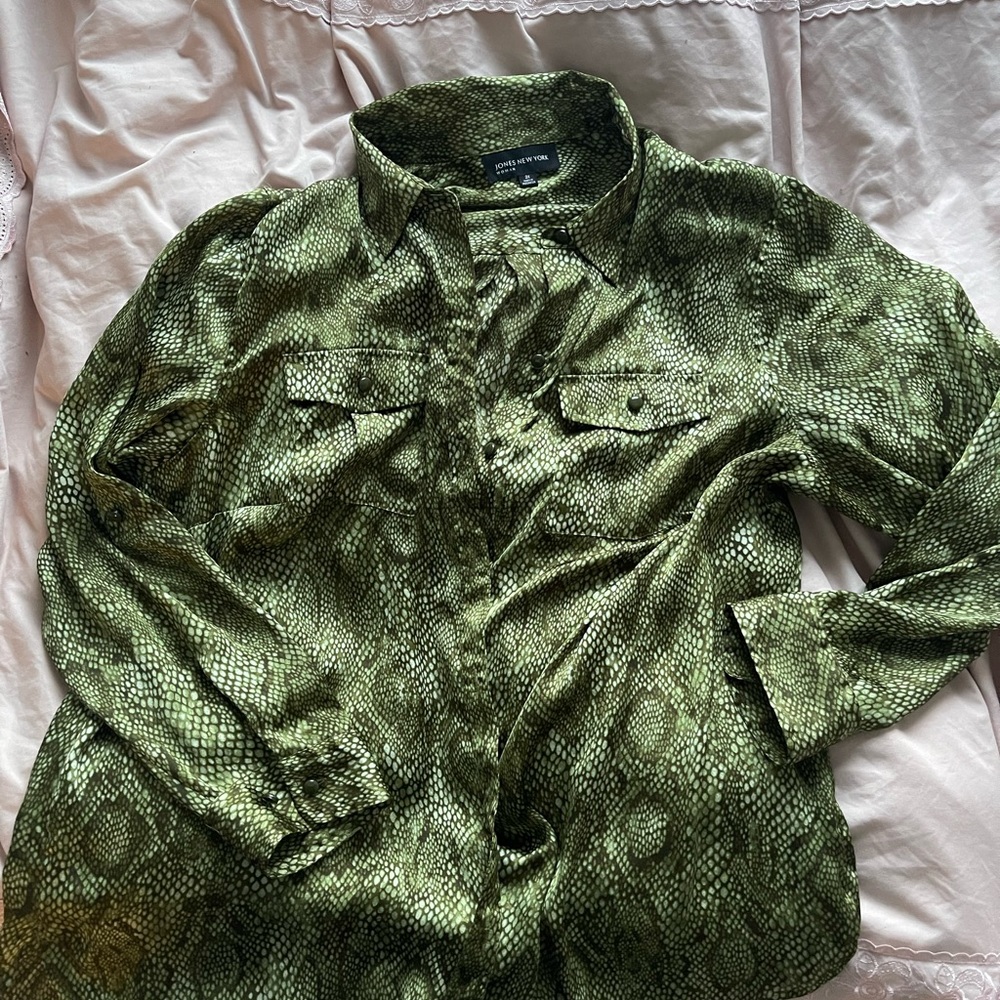 Green Snake Print Button-Up Shirt